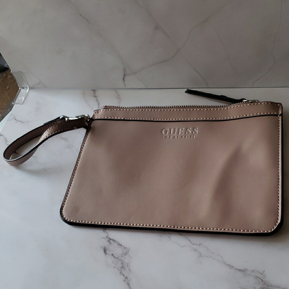 Guess Tan Leather Wristlet Clutch with Logo